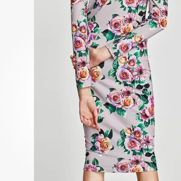 Zara NEW Floral Stretch Pencil Bodycon Fitted Midi Dress Boho Crew Long Sleeve M - Picture 6 of 16